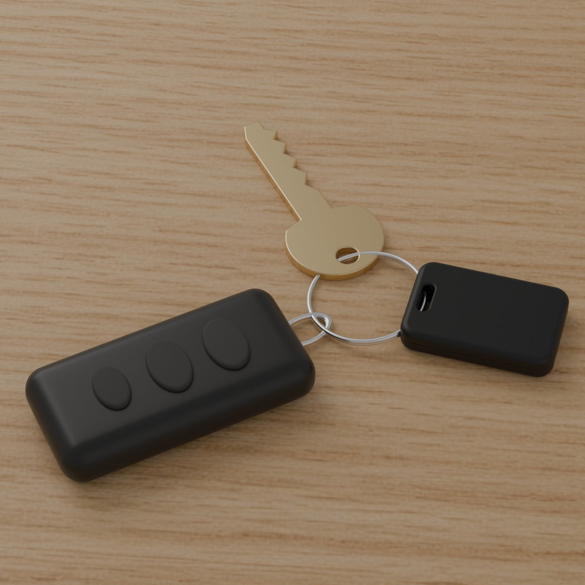 Orbit Tag Duo on a split key ring with a house key and car key fob, lying on a wooden table