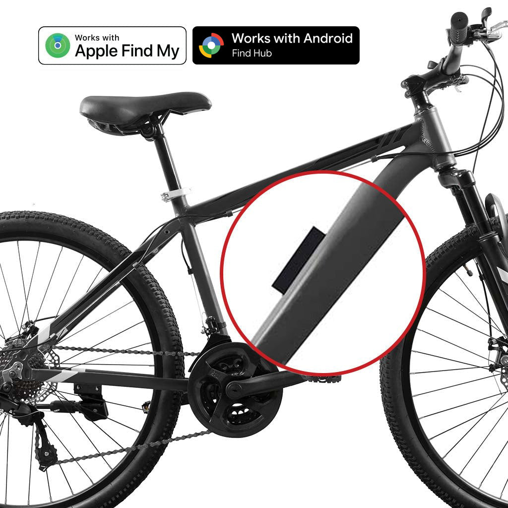 Bike with Orbit Velo Duo fitted under the bottle cage, works with Apple Find My and Google Find Hub