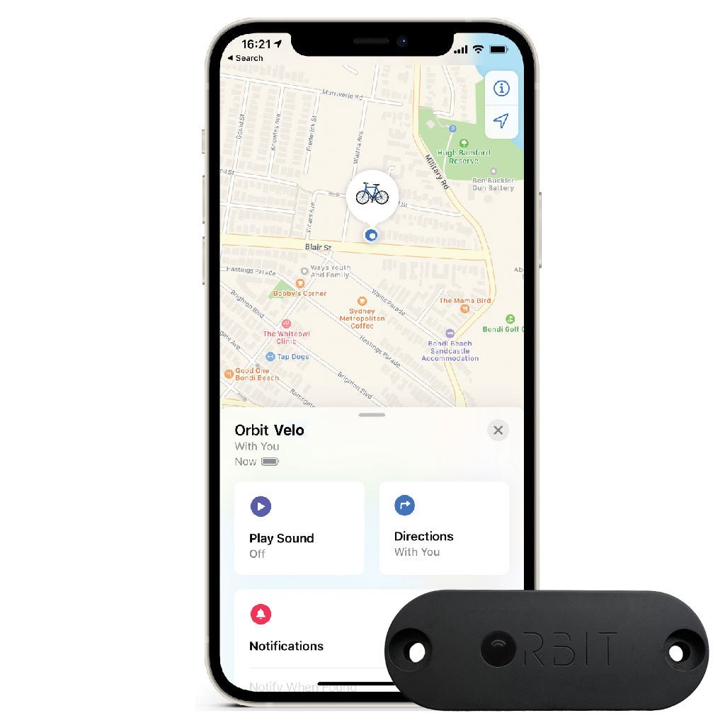 Orbit Velo Duo next to an iPhone showing the Find My app